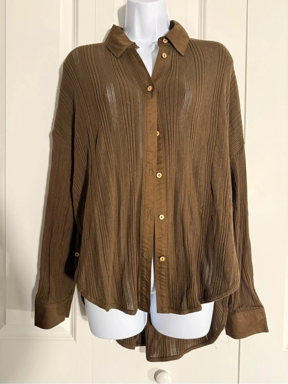 Free People Brown Ribbed Semi-Sheer Button-Down Shirt